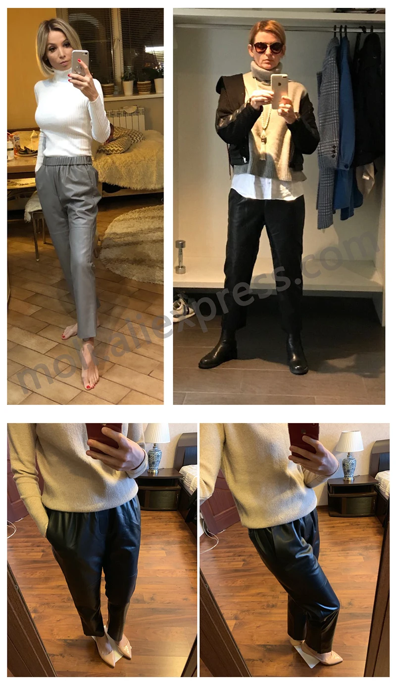 Genuine Leather Harem Pants Women's Real Sheepskin Trousers High Waist Women Pants 2026 New Elastic Waist Streetwear