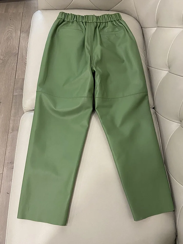 Genuine Leather Harem Pants Women's Real Sheepskin Trousers High Waist Women Pants 2026 New Elastic Waist Streetwear
