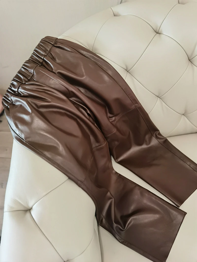 Genuine Leather Harem Pants Women's Real Sheepskin Trousers High Waist Women Pants 2026 New Elastic Waist Streetwear