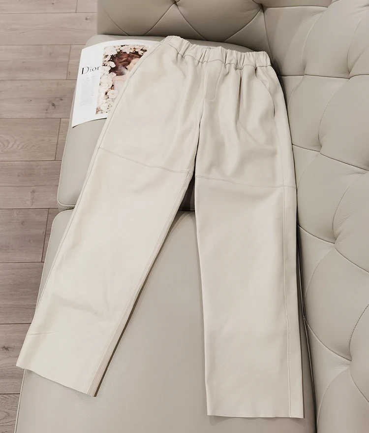 Genuine Leather Harem Pants Women's Real Sheepskin Trousers High Waist Women Pants 2026 New Elastic Waist Streetwear