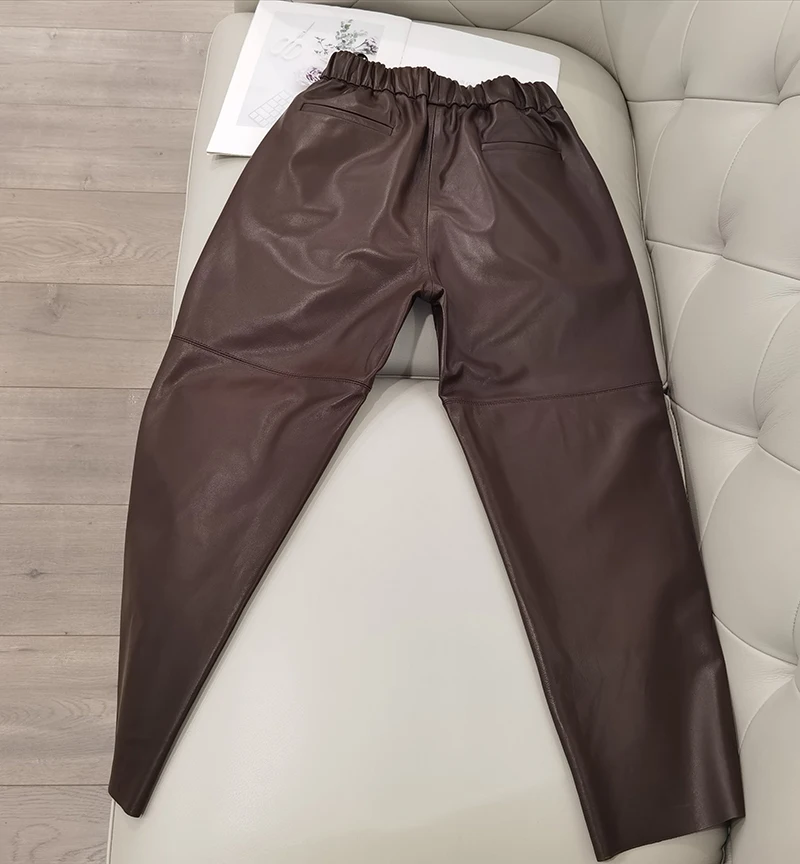 Genuine Leather Harem Pants Women's Real Sheepskin Trousers High Waist Women Pants 2026 New Elastic Waist Streetwear