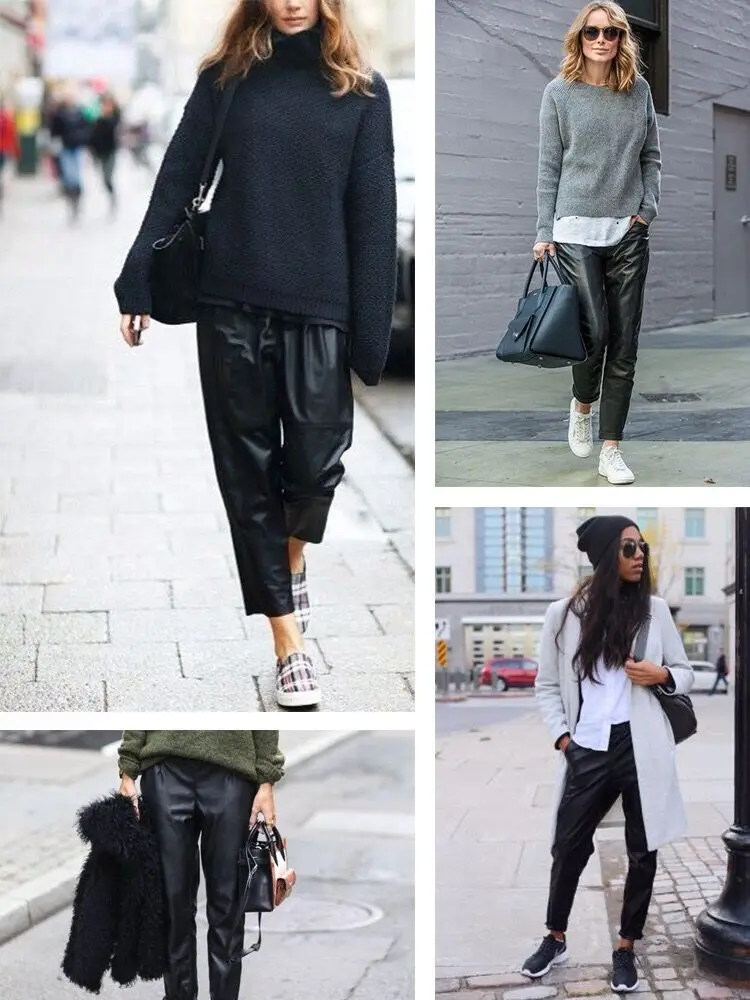 Genuine Leather Harem Pants Women's Real Sheepskin Trousers High Waist Women Pants 2026 New Elastic Waist Streetwear