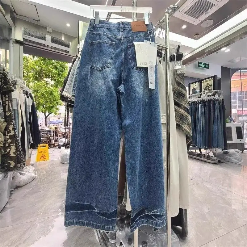 Korean Style Fashion Vintage Washed Denim Pants High Waist Irregular Jeans for Women Loose All-match Wide Leg Trousers