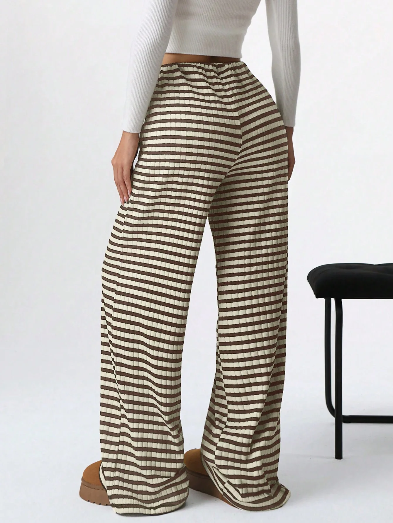 2025 Autumn and Winter Women's New Casual Striped Solid Color Loose Wide Leg Straight Leg Pants