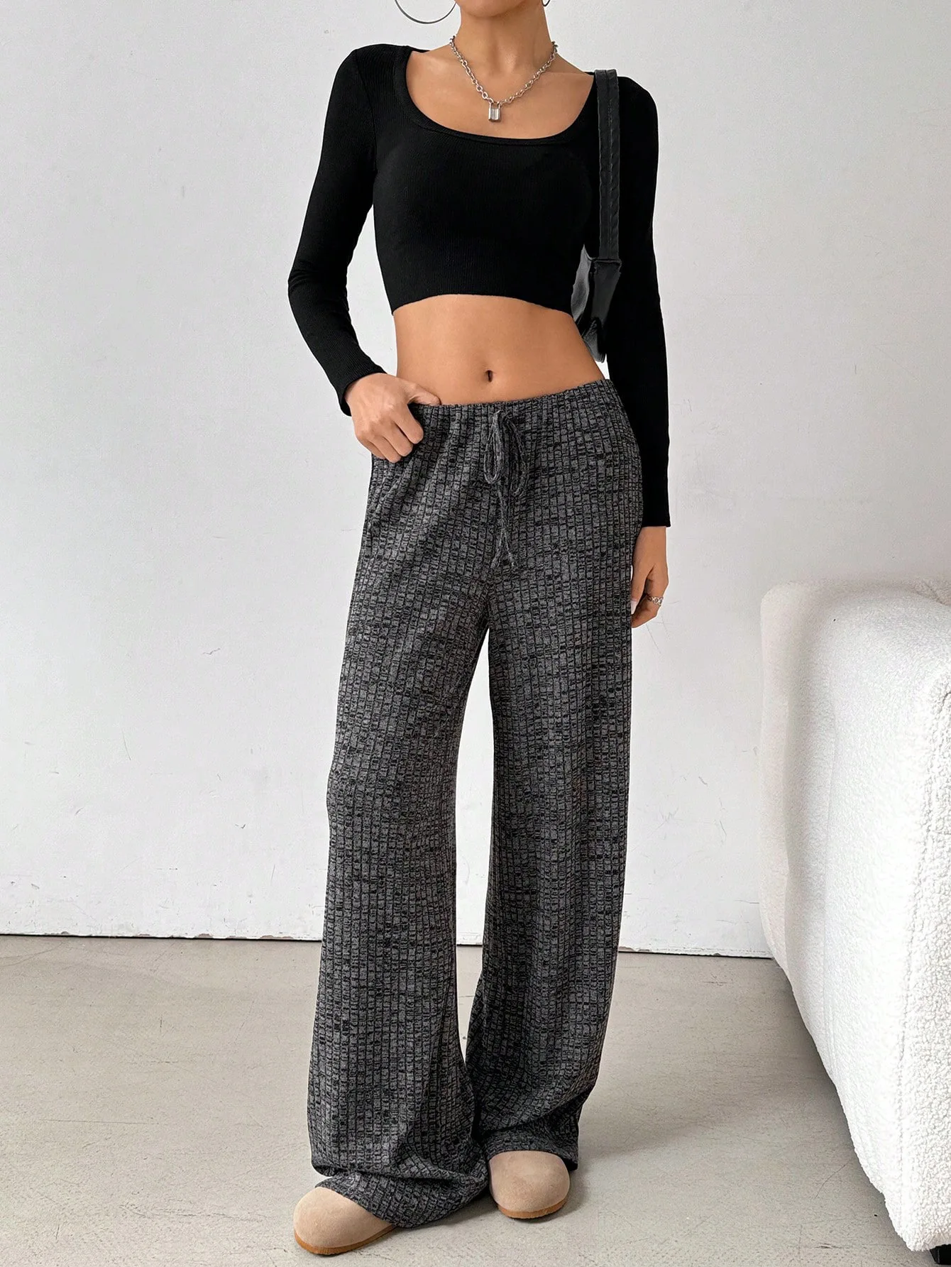 2025 Autumn and Winter Women's New Casual Striped Solid Color Loose Wide Leg Straight Leg Pants