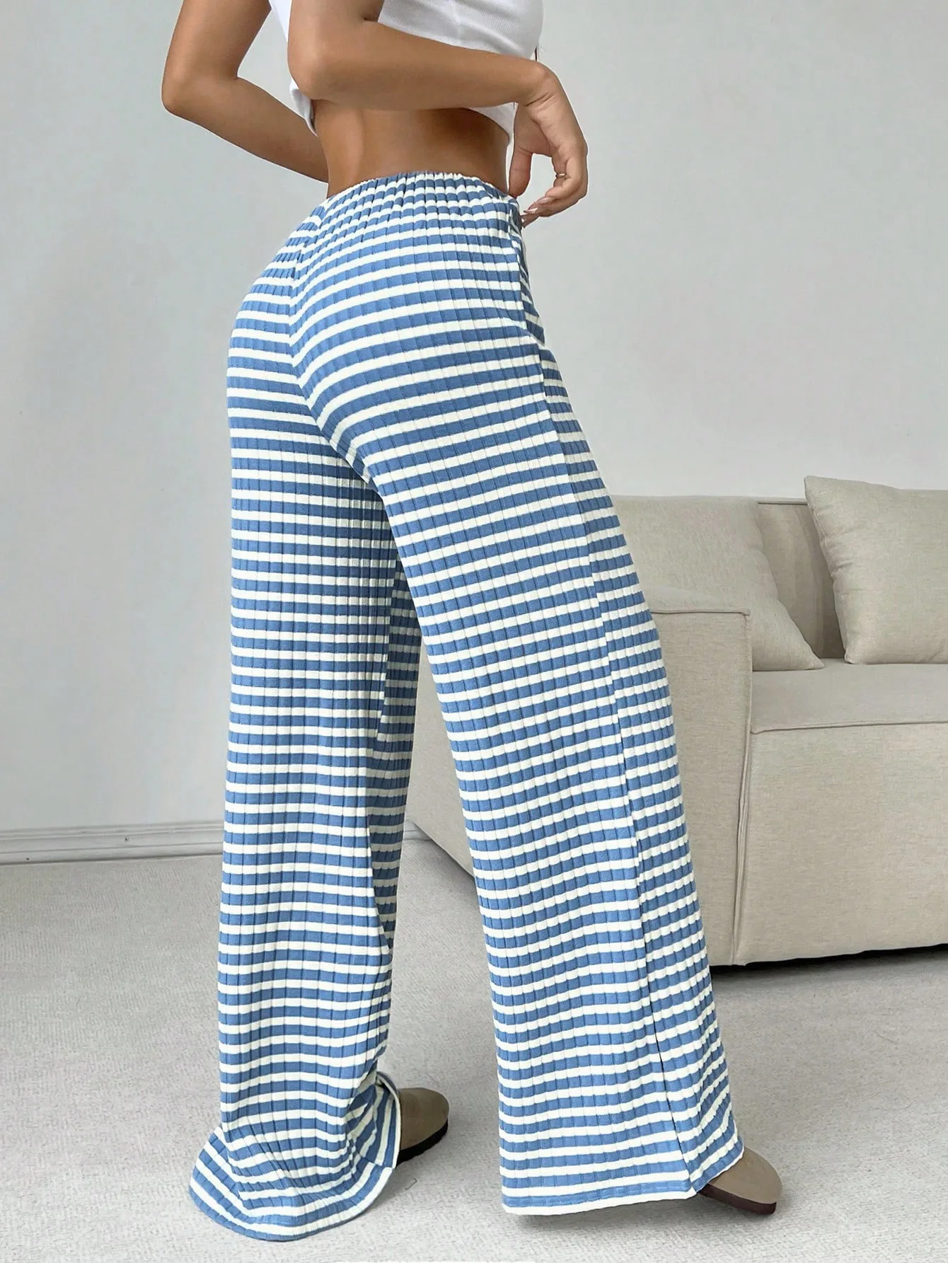 2025 Autumn and Winter Women's New Casual Striped Solid Color Loose Wide Leg Straight Leg Pants