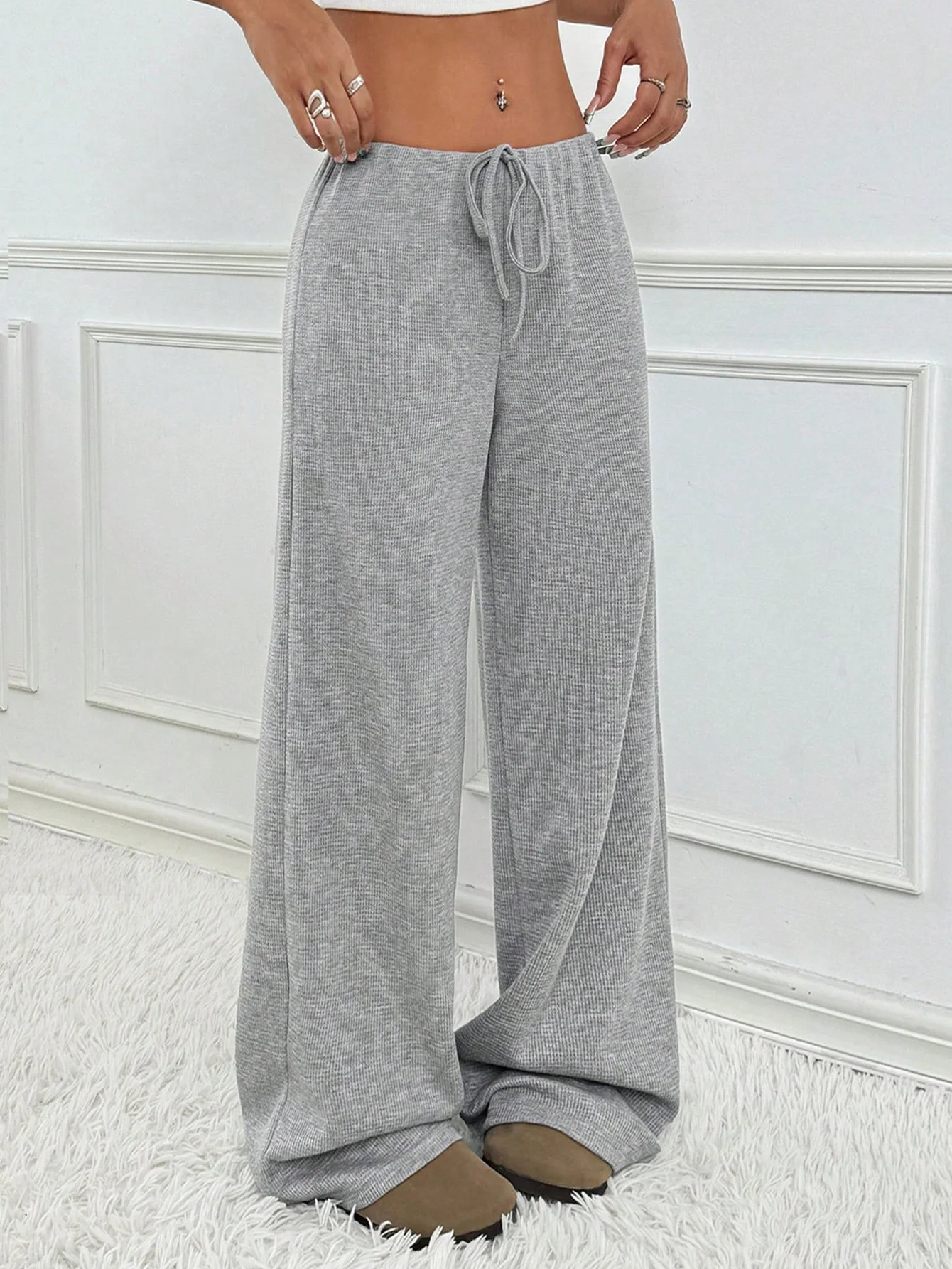 2025 Autumn and Winter Women's New Casual Striped Solid Color Loose Wide Leg Straight Leg Pants