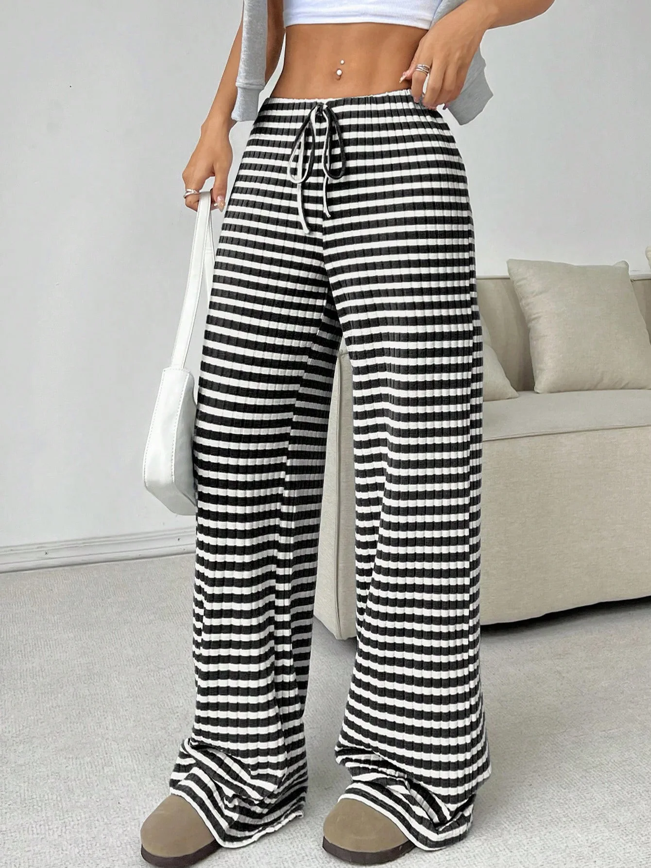 2025 Autumn and Winter Women's New Casual Striped Solid Color Loose Wide Leg Straight Leg Pants
