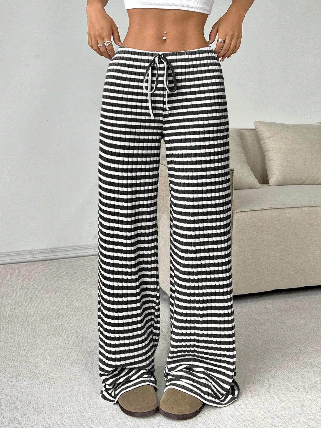 2025 Autumn and Winter Women's New Casual Striped Solid Color Loose Wide Leg Straight Leg Pants