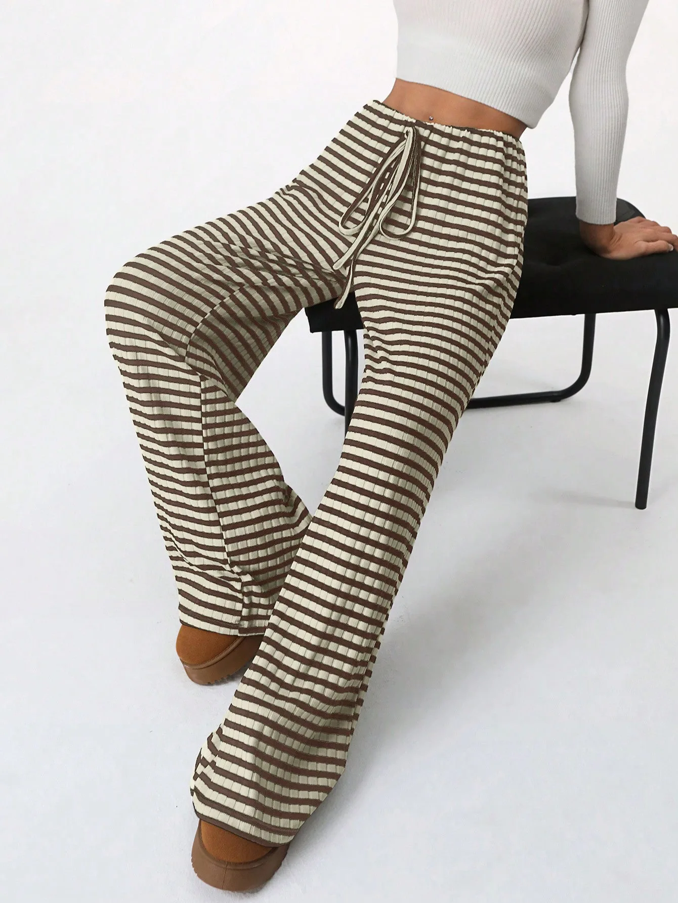 2025 Autumn and Winter Women's New Casual Striped Solid Color Loose Wide Leg Straight Leg Pants