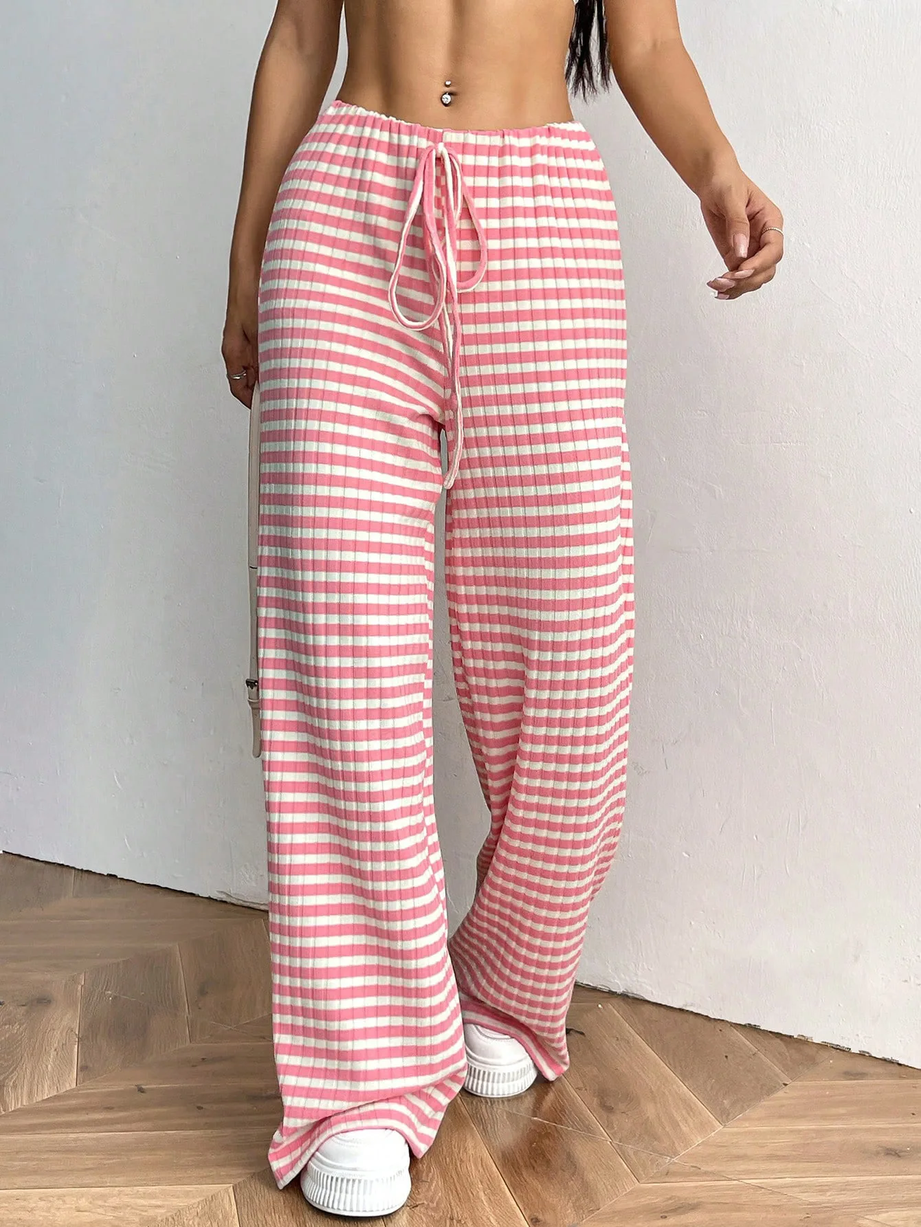 2025 Autumn and Winter Women's New Casual Striped Solid Color Loose Wide Leg Straight Leg Pants