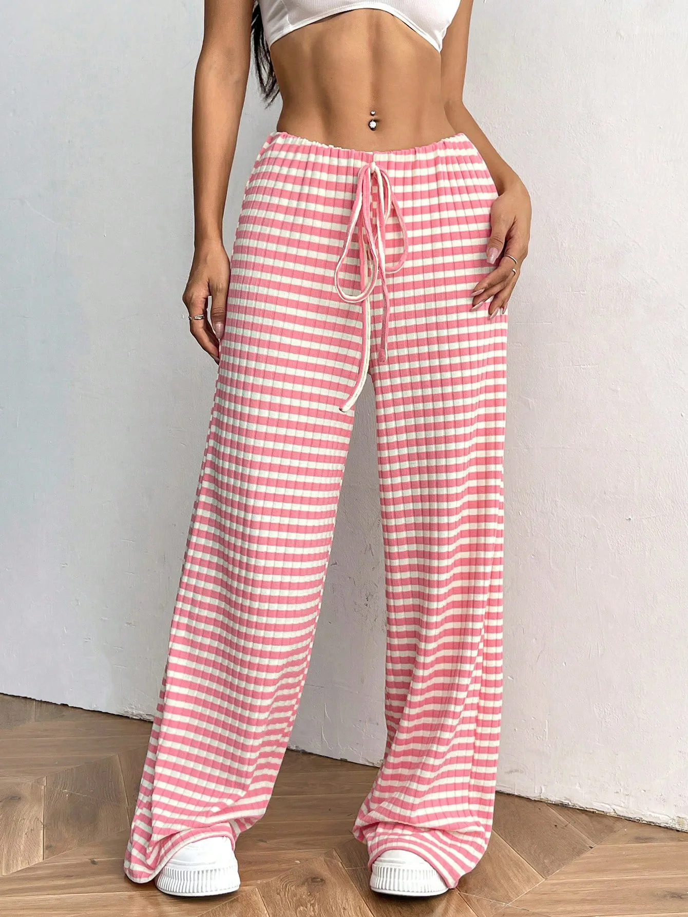 2025 Autumn and Winter Women's New Casual Striped Solid Color Loose Wide Leg Straight Leg Pants