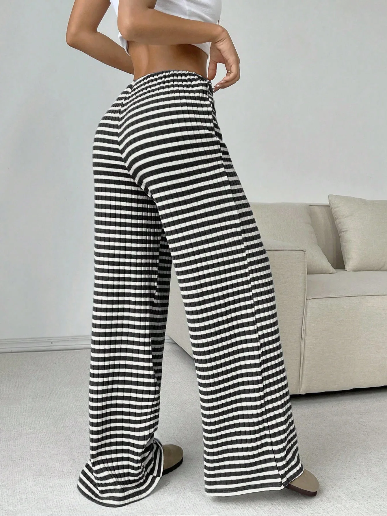 2025 Autumn and Winter Women's New Casual Striped Solid Color Loose Wide Leg Straight Leg Pants