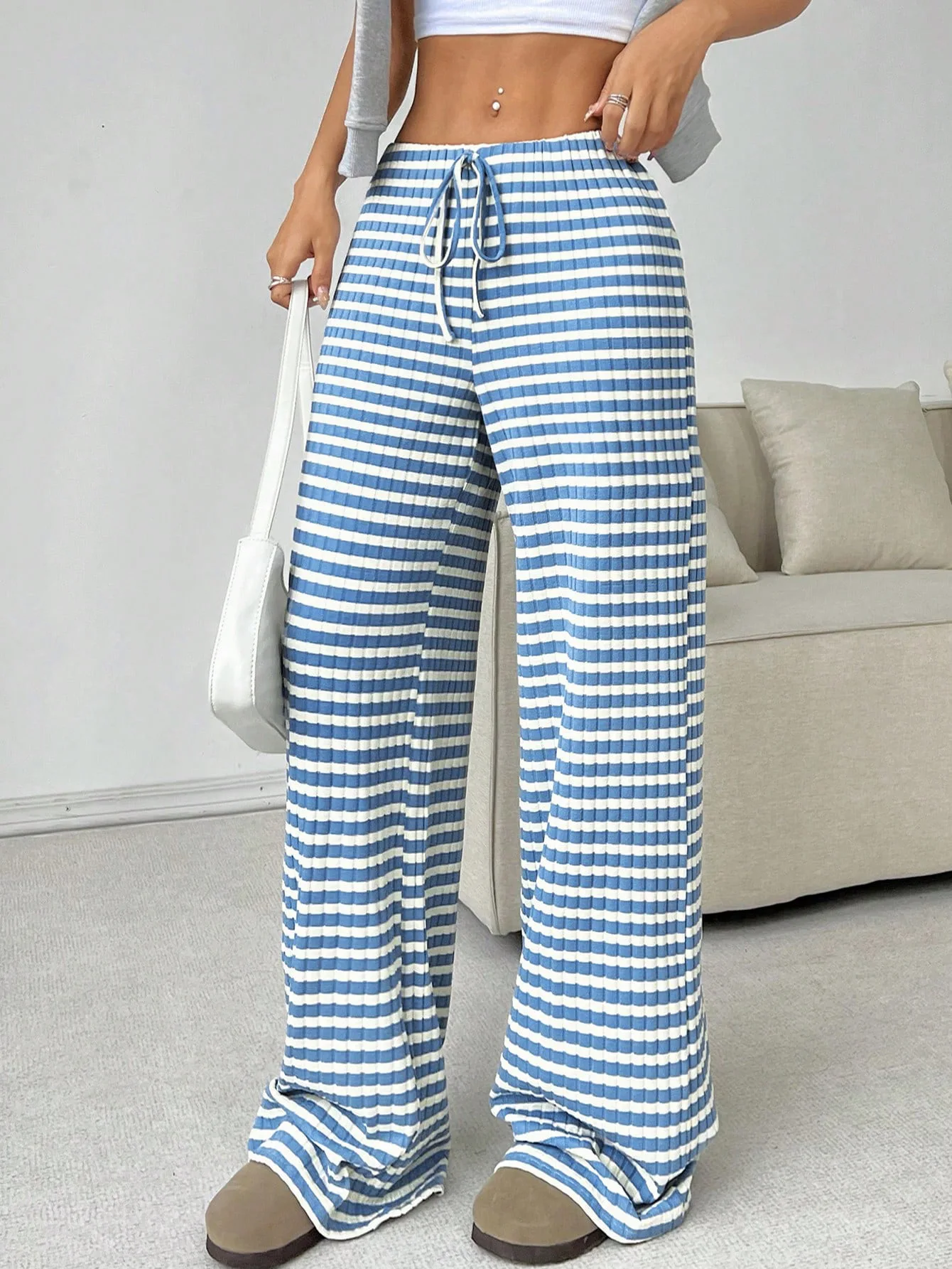 2025 Autumn and Winter Women's New Casual Striped Solid Color Loose Wide Leg Straight Leg Pants