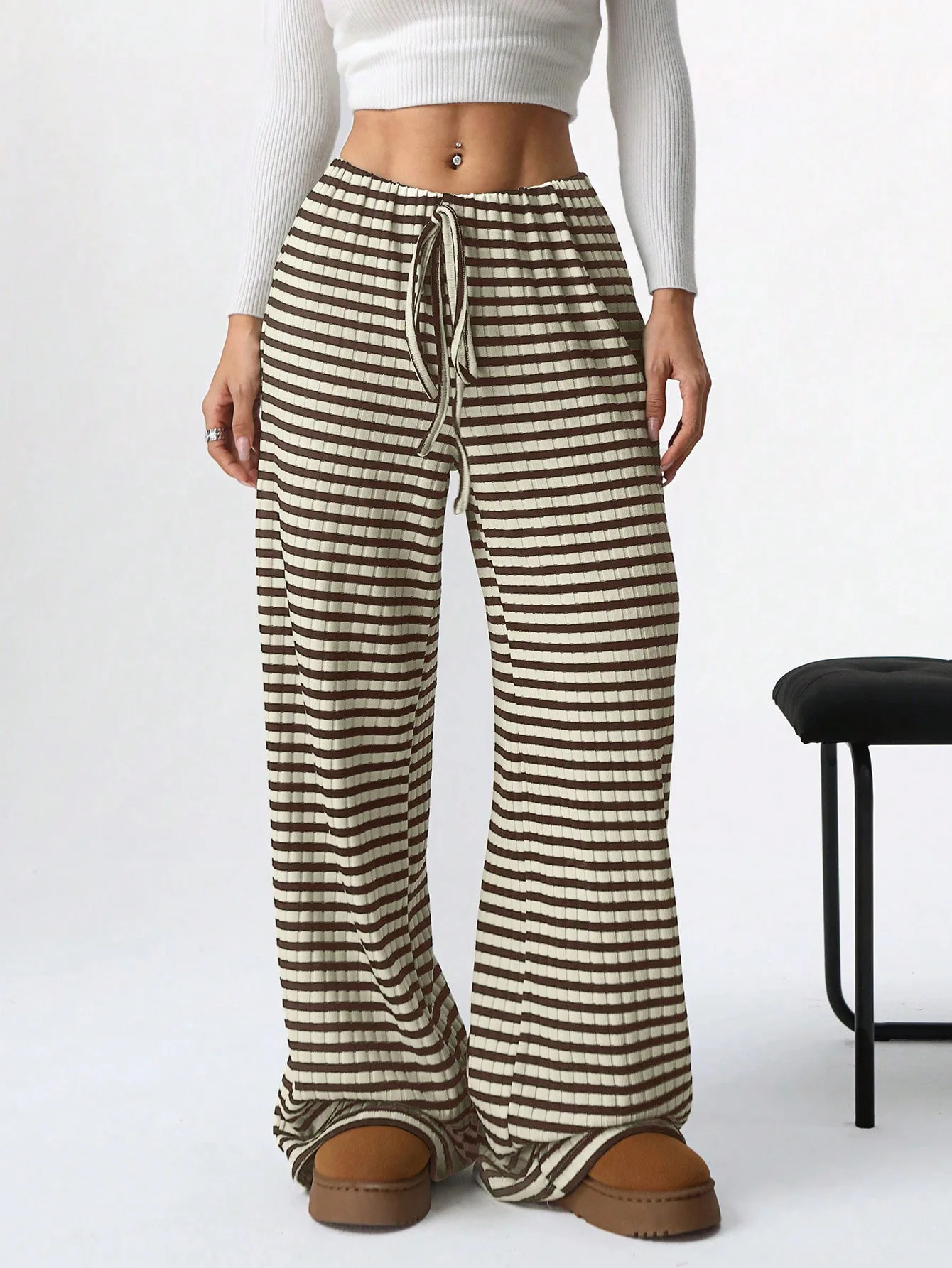 2025 Autumn and Winter Women's New Casual Striped Solid Color Loose Wide Leg Straight Leg Pants