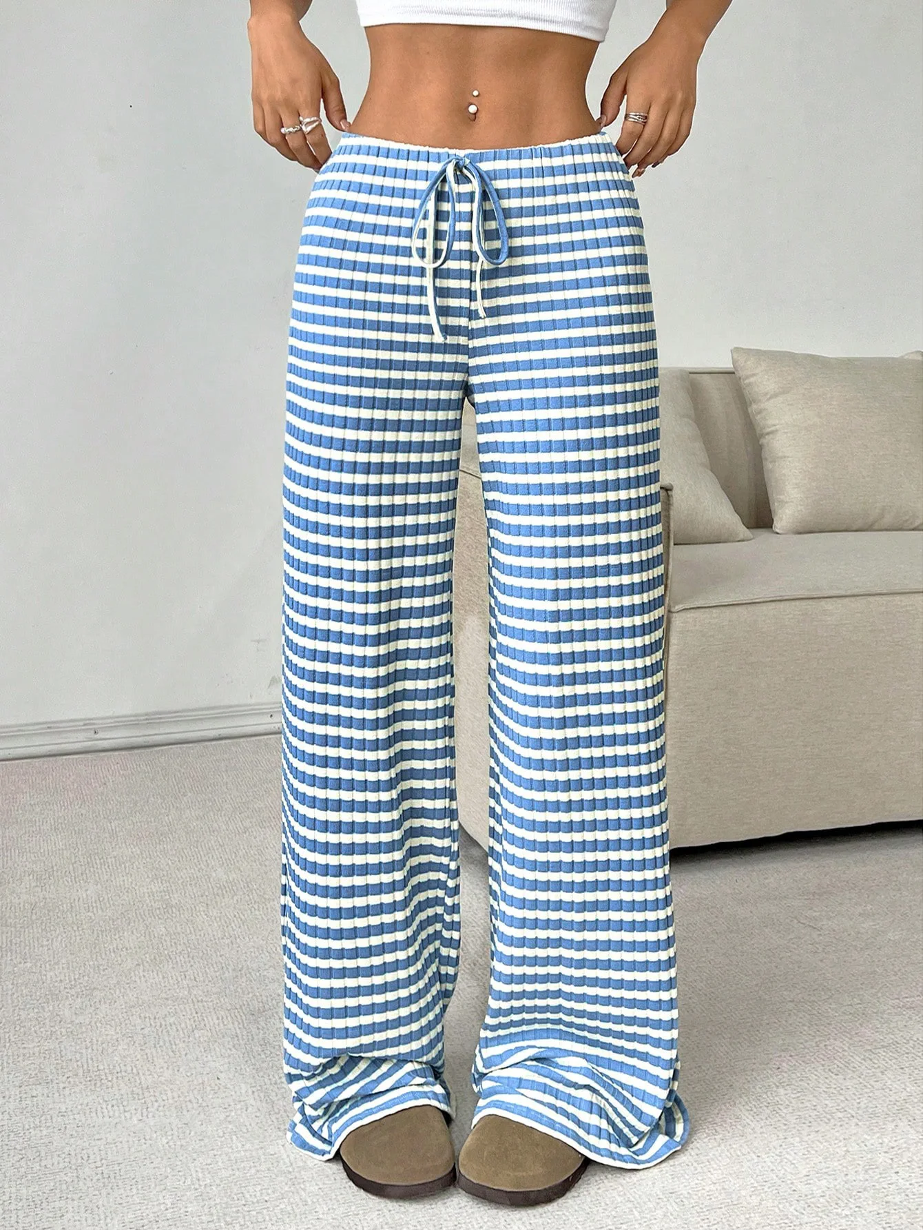 2025 Autumn and Winter Women's New Casual Striped Solid Color Loose Wide Leg Straight Leg Pants