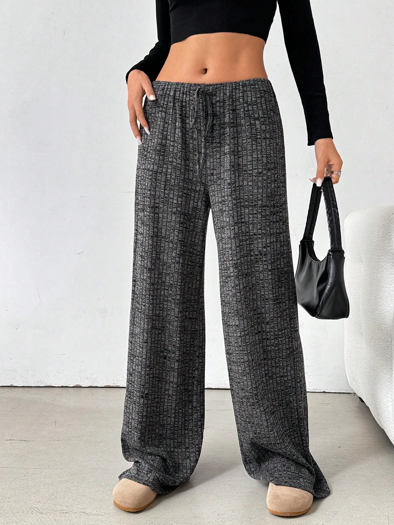 2025 Autumn and Winter Women's New Casual Striped Solid Color Loose Wide Leg Straight Leg Pants