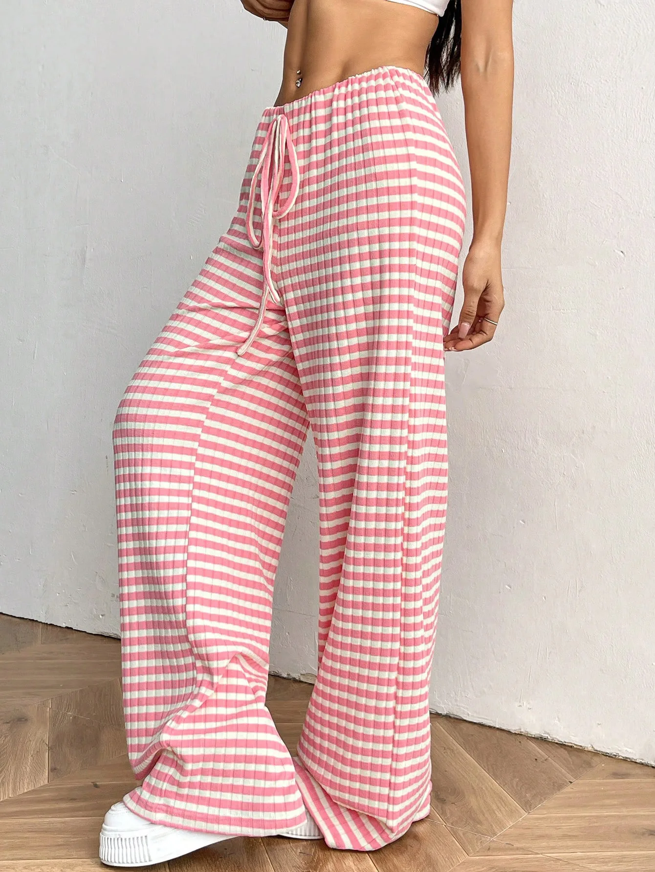 2025 Autumn and Winter Women's New Casual Striped Solid Color Loose Wide Leg Straight Leg Pants