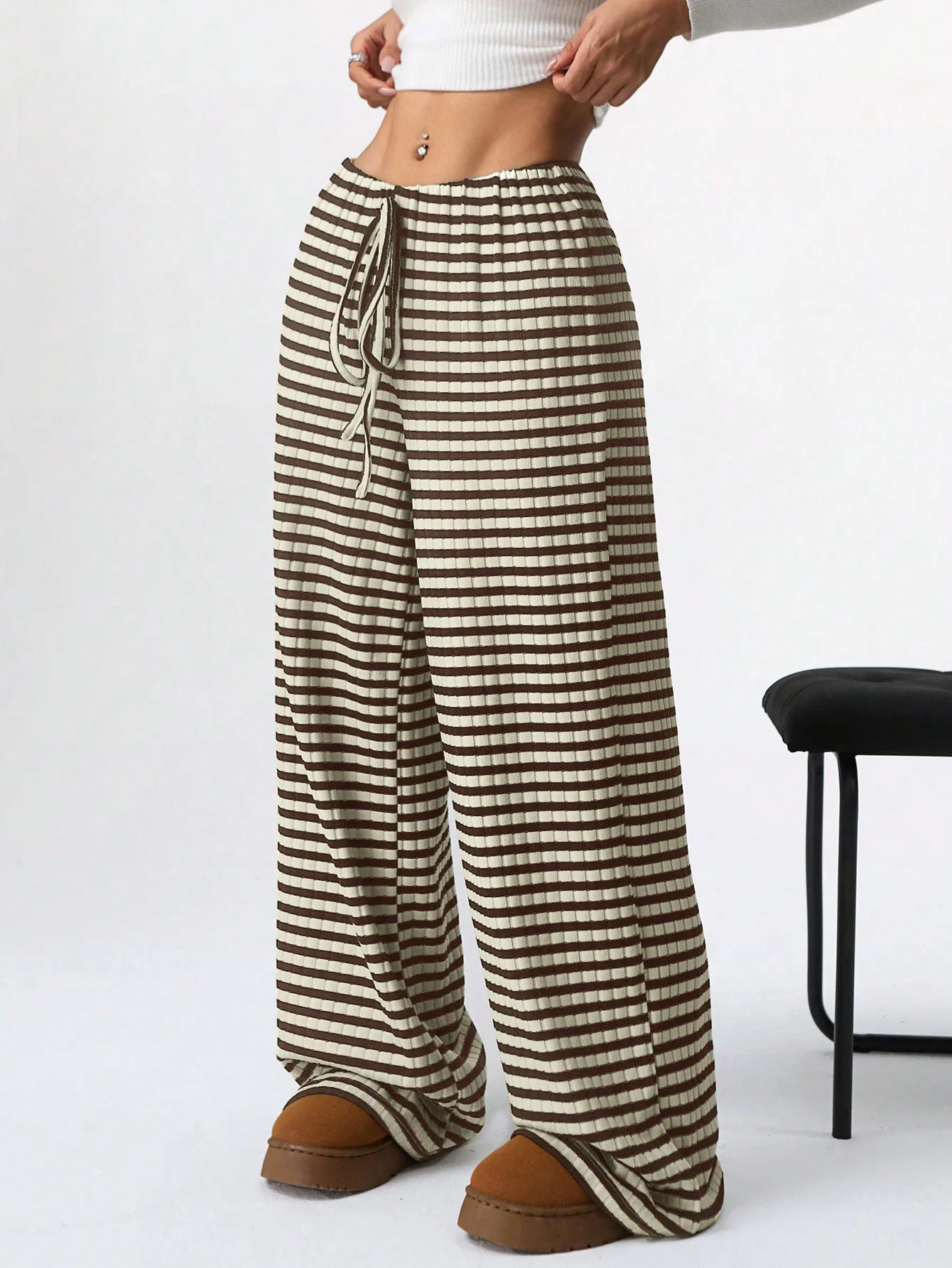 2025 Autumn and Winter Women's New Casual Striped Solid Color Loose Wide Leg Straight Leg Pants