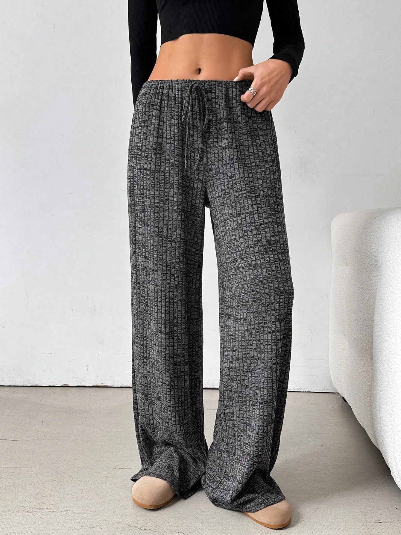 2025 Autumn and Winter Women's New Casual Striped Solid Color Loose Wide Leg Straight Leg Pants