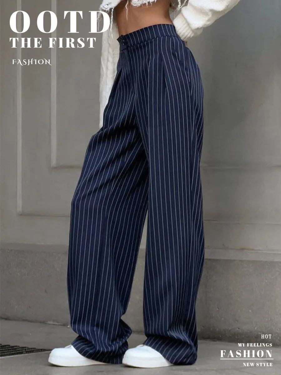 Bornladies Women's New Autumn Straight Leg Striped Western Trousers Wide Leg Loose Fashion Commuting Suit Pants
