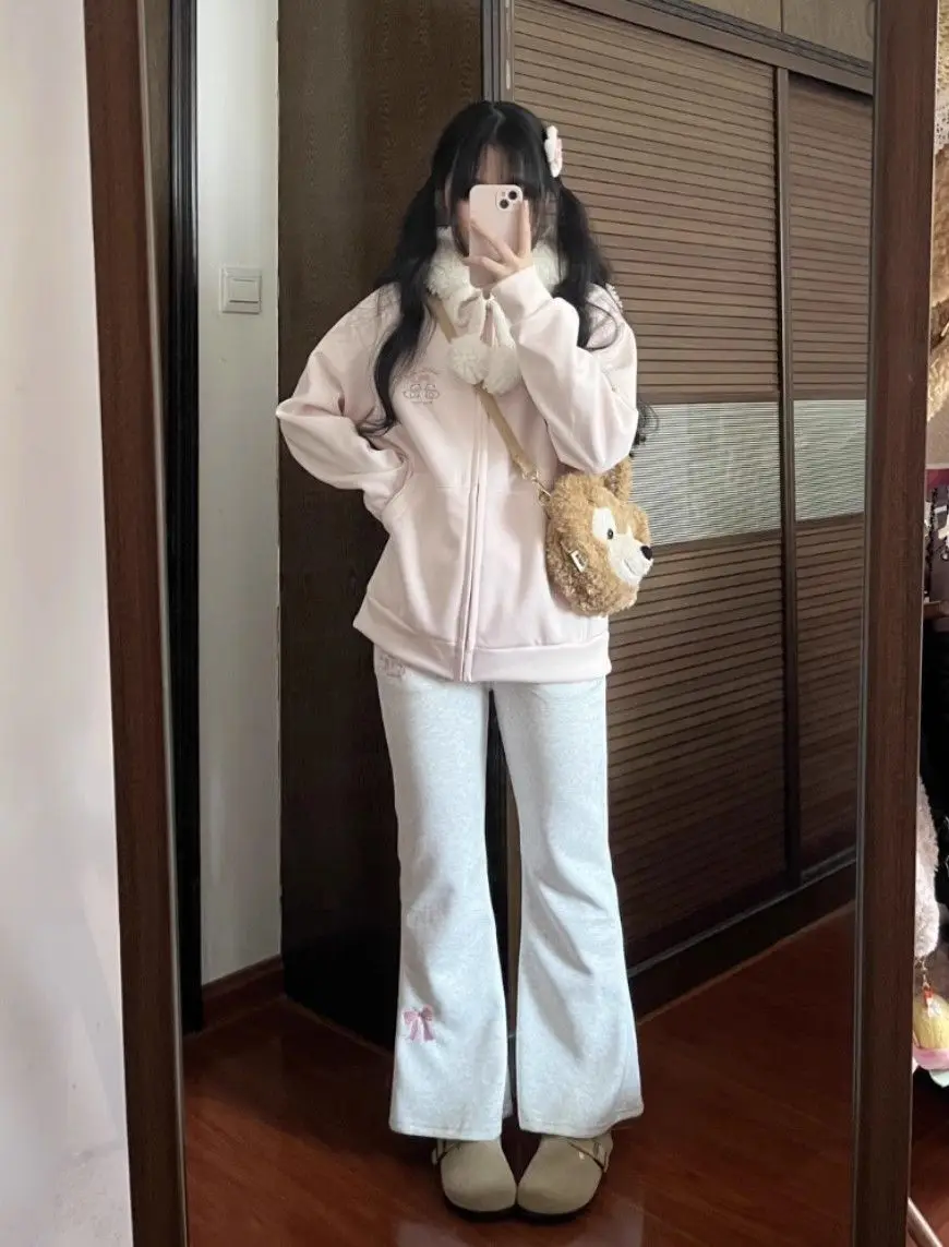 2024 Autumn Winter High Waist Slim Fit Flare Pants Japanese Original Bow Y2k Aesthetic Sweet Girl Sweatpants Pantalones De Mujer