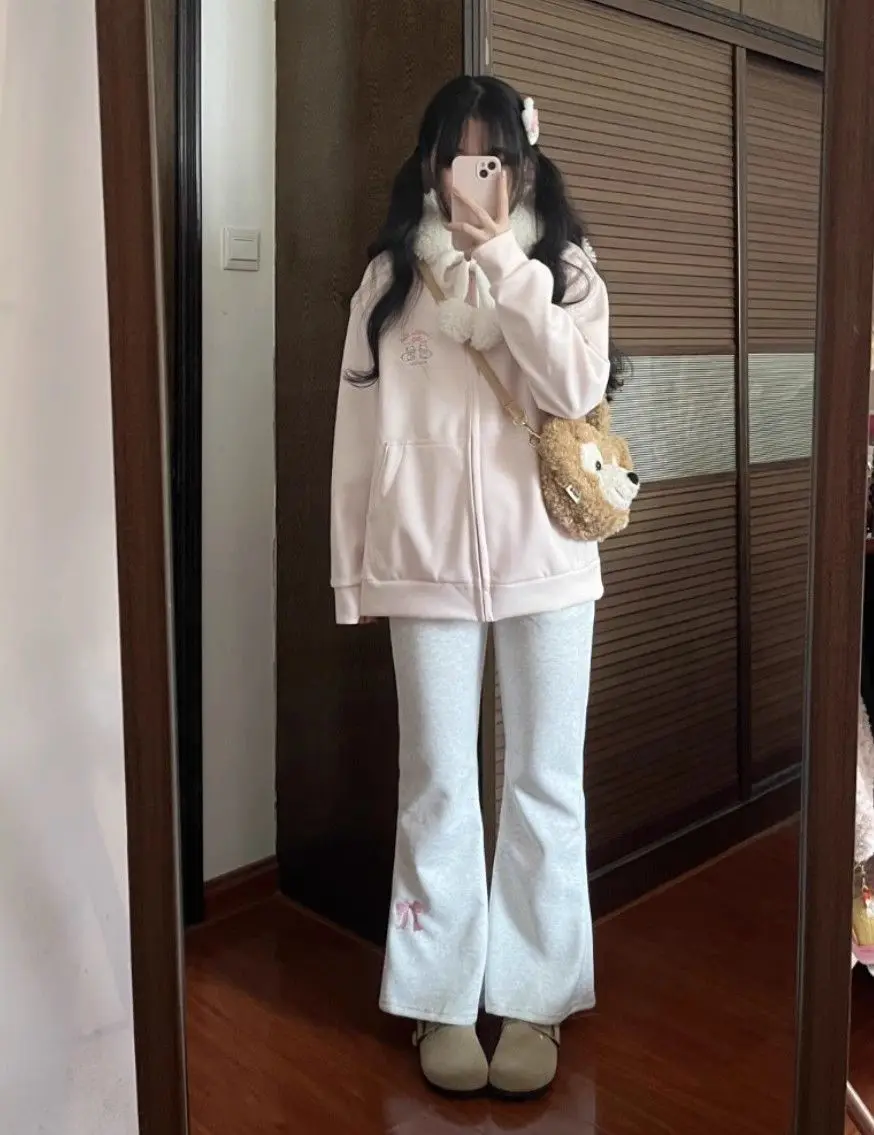 2024 Autumn Winter High Waist Slim Fit Flare Pants Japanese Original Bow Y2k Aesthetic Sweet Girl Sweatpants Pantalones De Mujer