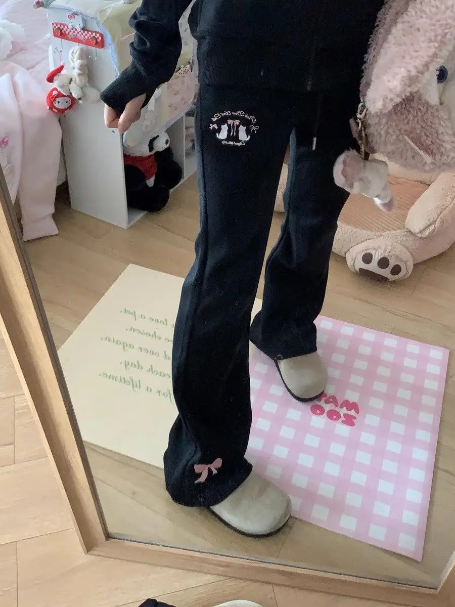2024 Autumn Winter High Waist Slim Fit Flare Pants Japanese Original Bow Y2k Aesthetic Sweet Girl Sweatpants Pantalones De Mujer