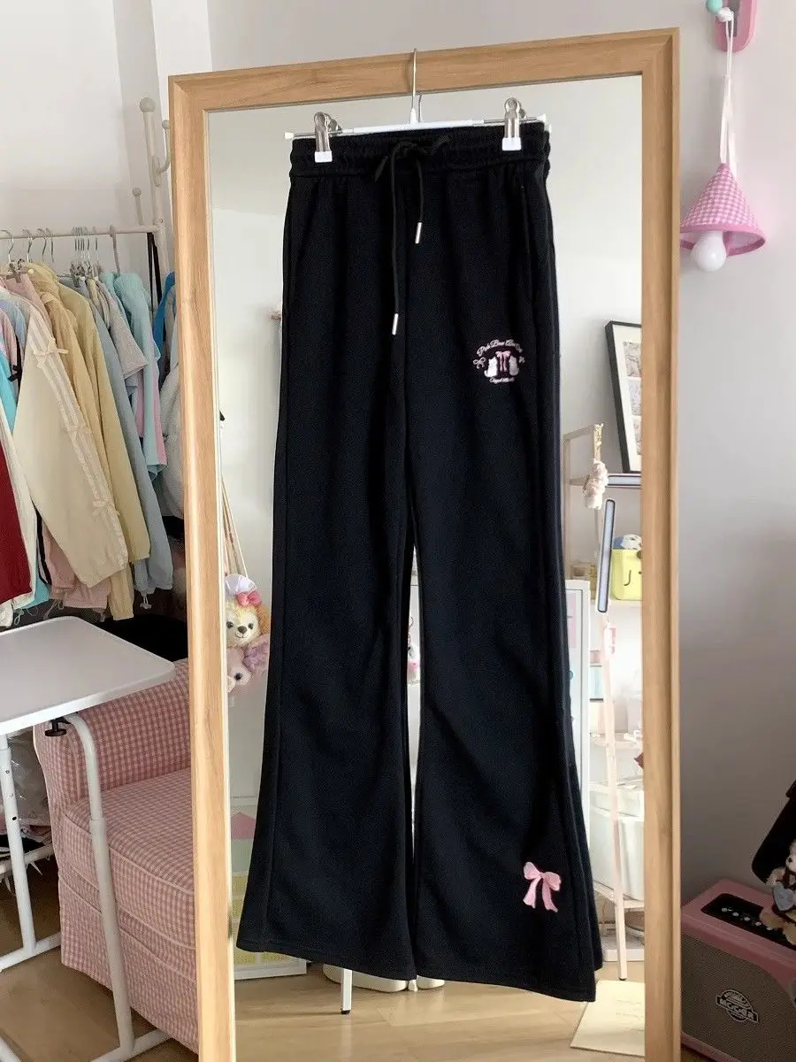 2024 Autumn Winter High Waist Slim Fit Flare Pants Japanese Original Bow Y2k Aesthetic Sweet Girl Sweatpants Pantalones De Mujer