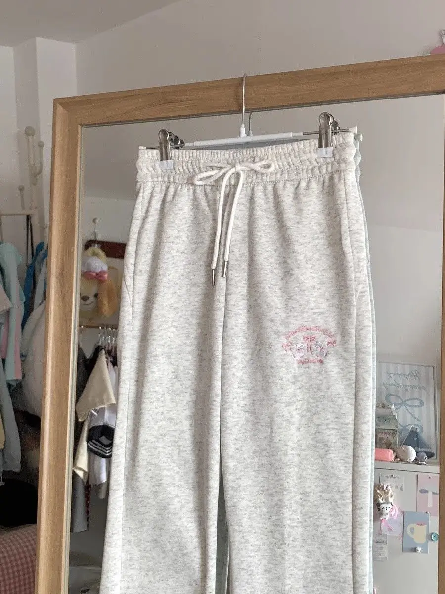 2024 Autumn Winter High Waist Slim Fit Flare Pants Japanese Original Bow Y2k Aesthetic Sweet Girl Sweatpants Pantalones De Mujer