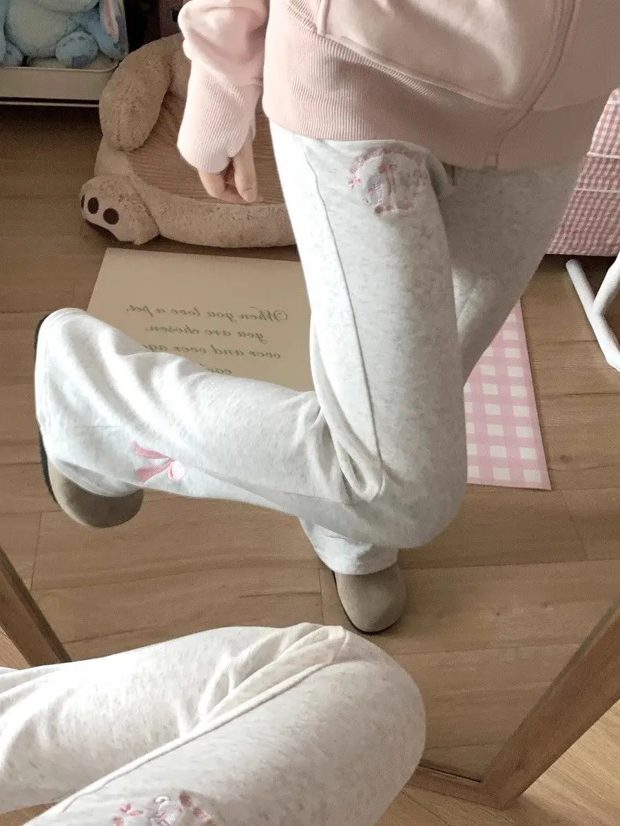 2024 Autumn Winter High Waist Slim Fit Flare Pants Japanese Original Bow Y2k Aesthetic Sweet Girl Sweatpants Pantalones De Mujer