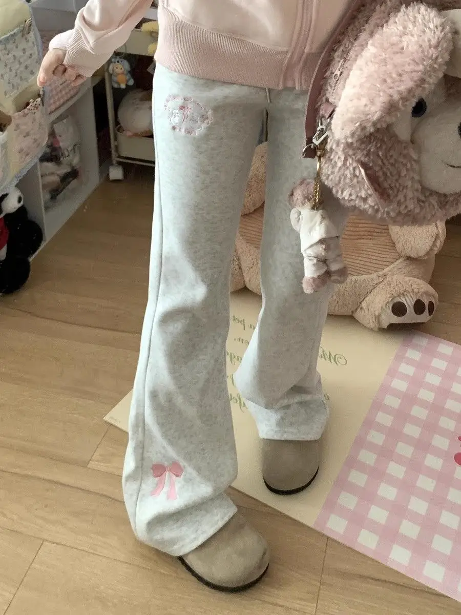 2024 Autumn Winter High Waist Slim Fit Flare Pants Japanese Original Bow Y2k Aesthetic Sweet Girl Sweatpants Pantalones De Mujer