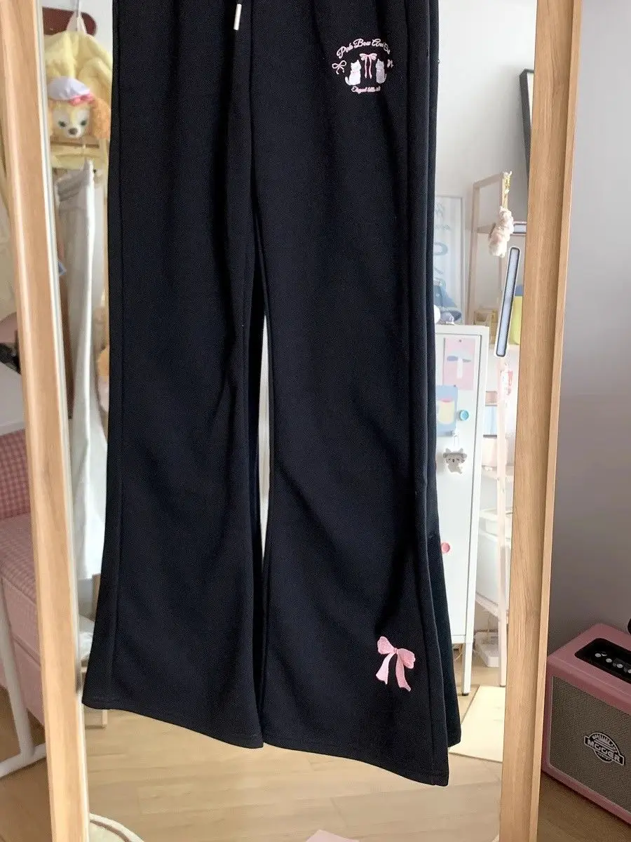 2024 Autumn Winter High Waist Slim Fit Flare Pants Japanese Original Bow Y2k Aesthetic Sweet Girl Sweatpants Pantalones De Mujer