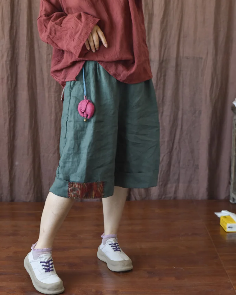 Johnature Women Vintage Wide Leg Pants Elastic Waist Solid Color Trouser 2025 Summer New Loose Original Linen Knee Length Pants