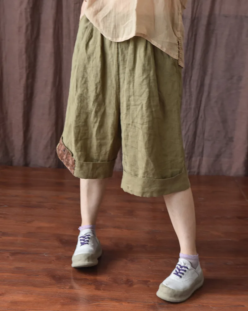 Johnature Women Vintage Wide Leg Pants Elastic Waist Solid Color Trouser 2025 Summer New Loose Original Linen Knee Length Pants