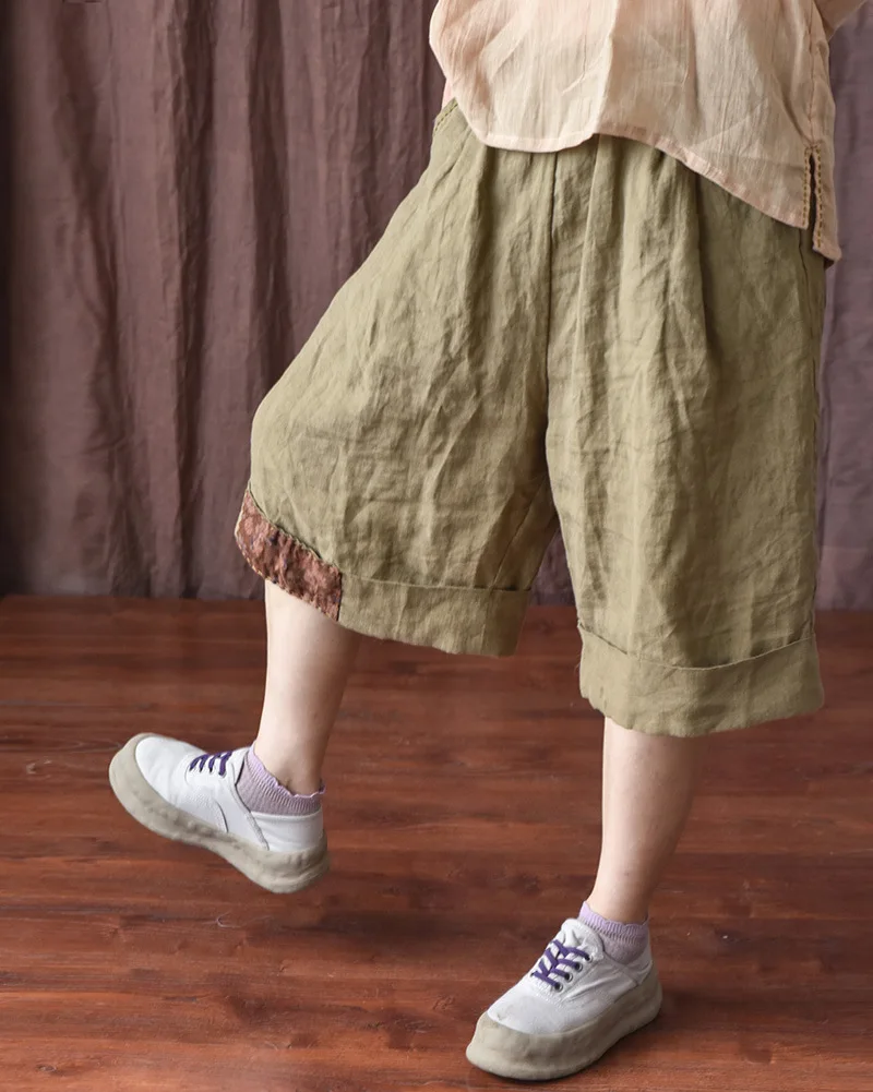 Johnature Women Vintage Wide Leg Pants Elastic Waist Solid Color Trouser 2025 Summer New Loose Original Linen Knee Length Pants