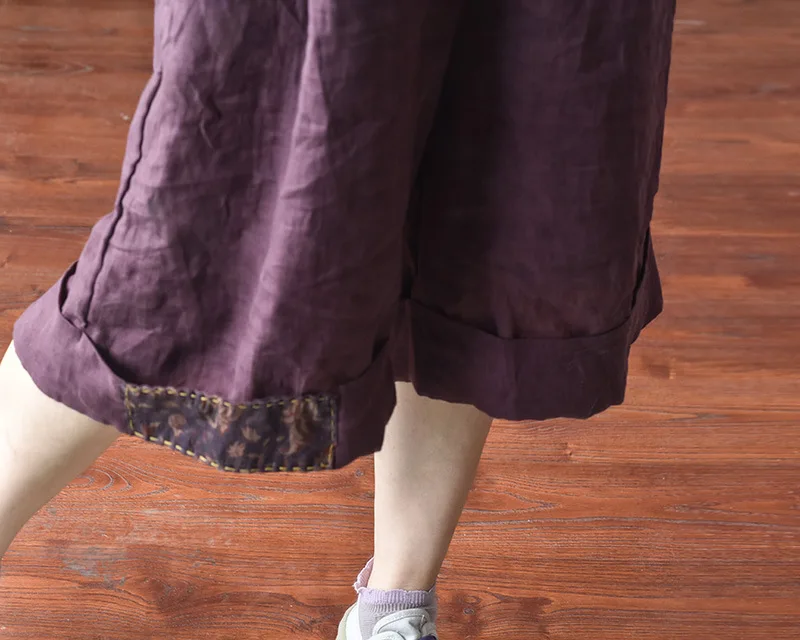 Johnature Women Vintage Wide Leg Pants Elastic Waist Solid Color Trouser 2025 Summer New Loose Original Linen Knee Length Pants