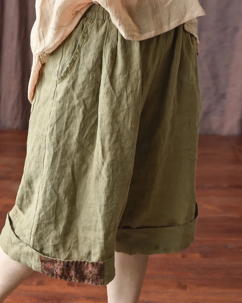 Johnature Women Vintage Wide Leg Pants Elastic Waist Solid Color Trouser 2025 Summer New Loose Original Linen Knee Length Pants