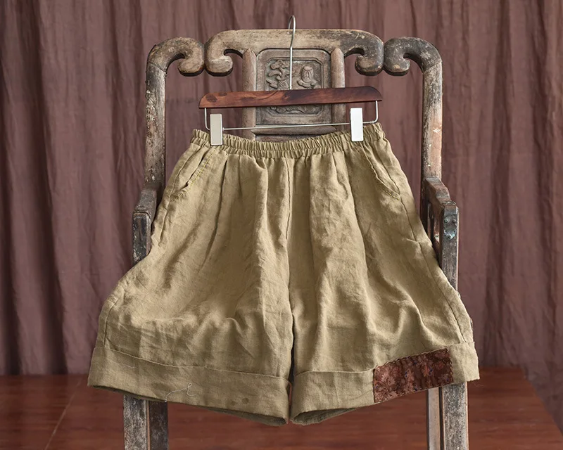 Johnature Women Vintage Wide Leg Pants Elastic Waist Solid Color Trouser 2025 Summer New Loose Original Linen Knee Length Pants