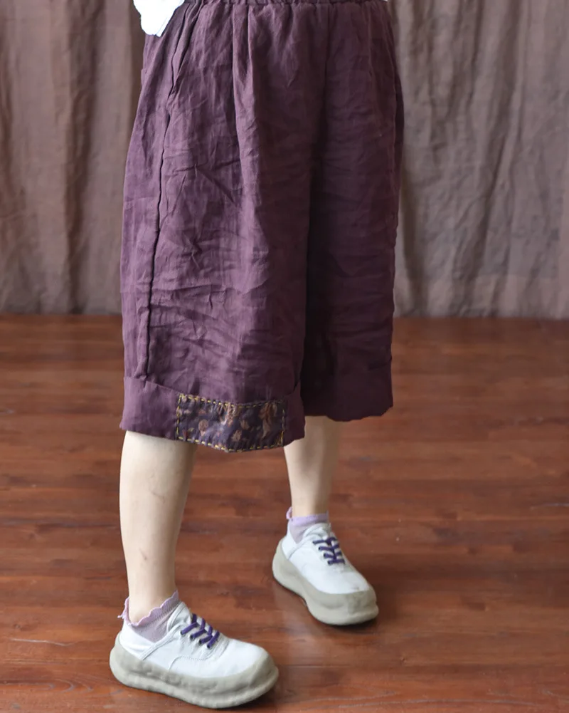 Johnature Women Vintage Wide Leg Pants Elastic Waist Solid Color Trouser 2025 Summer New Loose Original Linen Knee Length Pants