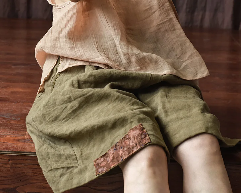 Johnature Women Vintage Wide Leg Pants Elastic Waist Solid Color Trouser 2025 Summer New Loose Original Linen Knee Length Pants