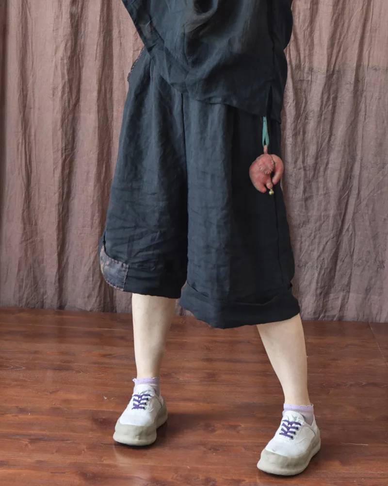 Johnature Women Vintage Wide Leg Pants Elastic Waist Solid Color Trouser 2025 Summer New Loose Original Linen Knee Length Pants