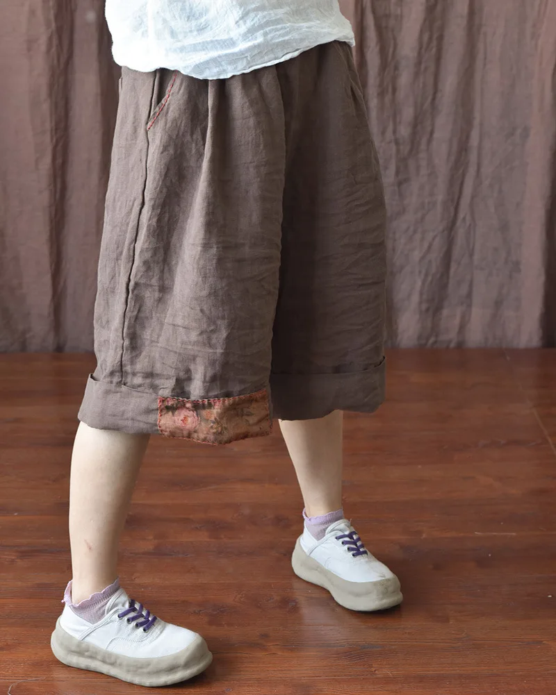 Johnature Women Vintage Wide Leg Pants Elastic Waist Solid Color Trouser 2025 Summer New Loose Original Linen Knee Length Pants