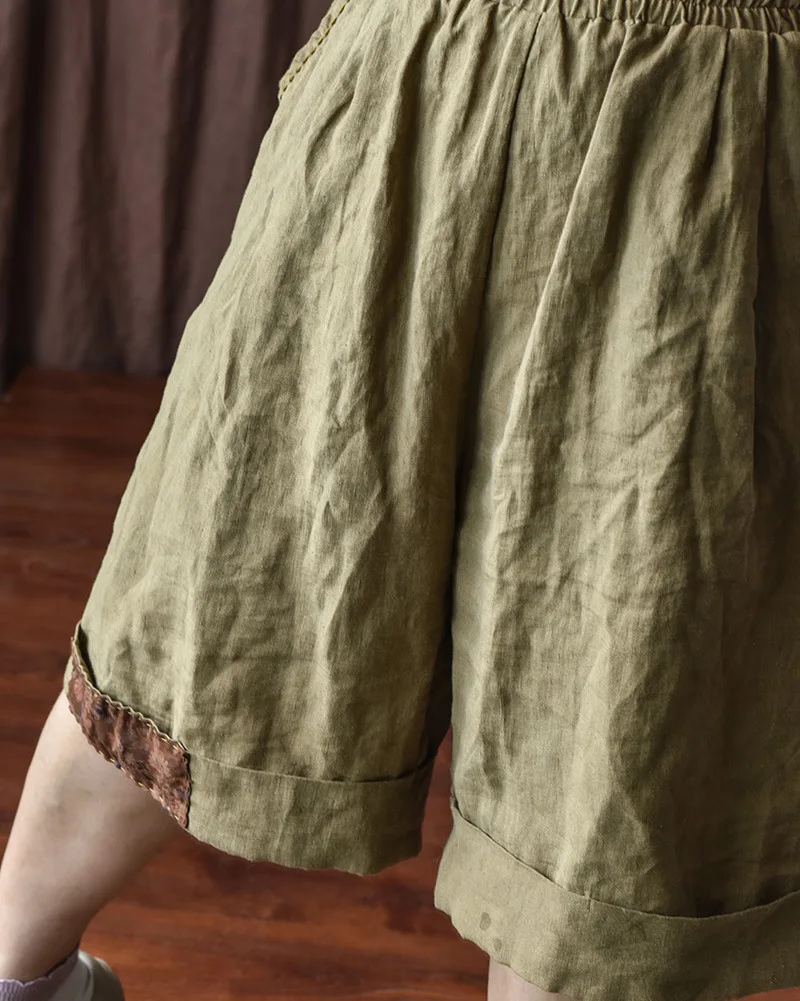 Johnature Women Vintage Wide Leg Pants Elastic Waist Solid Color Trouser 2025 Summer New Loose Original Linen Knee Length Pants