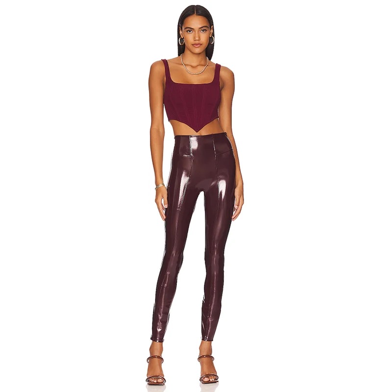 Shiny Patent Leather Cropped Pants Women Gothic Chic Splicing PU Leggings High Waist Faux Latex Trousers Wetlook Clubwear Custom