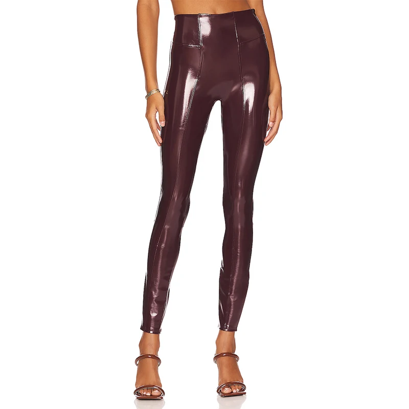 Shiny Patent Leather Cropped Pants Women Gothic Chic Splicing PU Leggings High Waist Faux Latex Trousers Wetlook Clubwear Custom