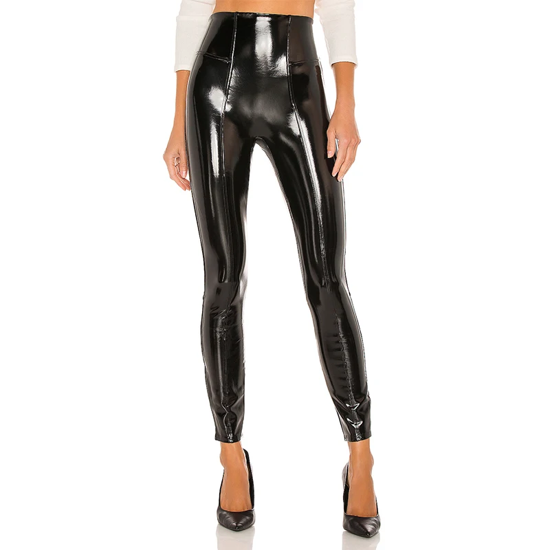 Shiny Patent Leather Cropped Pants Women Gothic Chic Splicing PU Leggings High Waist Faux Latex Trousers Wetlook Clubwear Custom