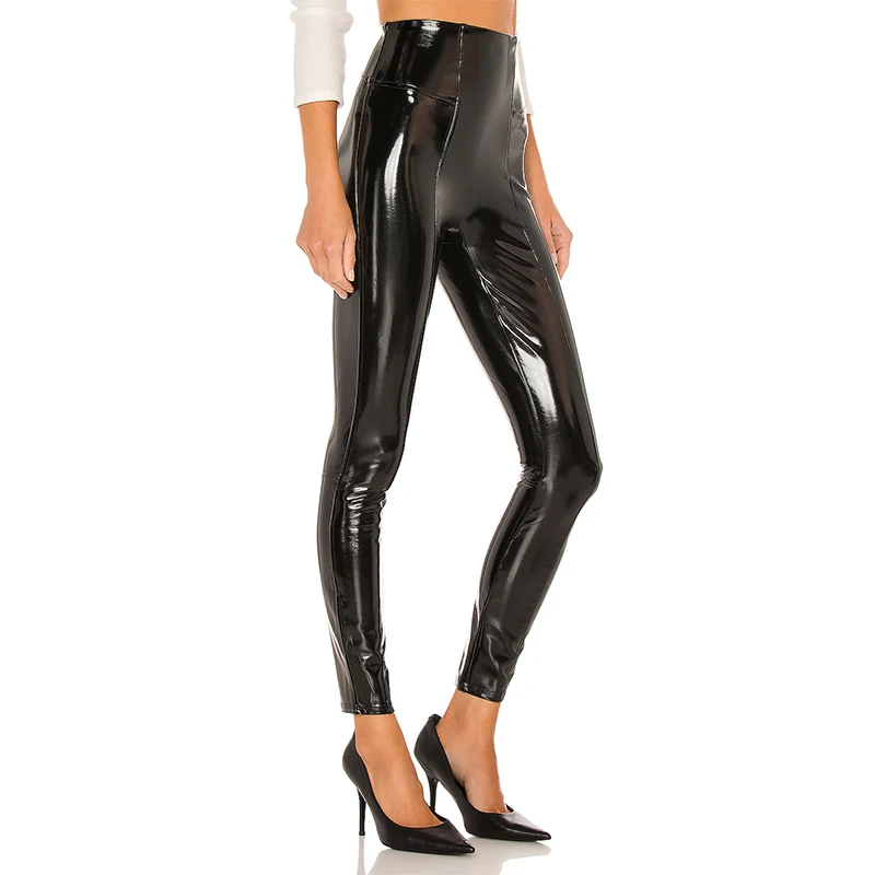 Shiny Patent Leather Cropped Pants Women Gothic Chic Splicing PU Leggings High Waist Faux Latex Trousers Wetlook Clubwear Custom