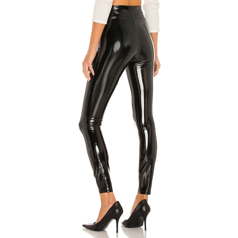 Shiny Patent Leather Cropped Pants Women Gothic Chic Splicing PU Leggings High Waist Faux Latex Trousers Wetlook Clubwear Custom