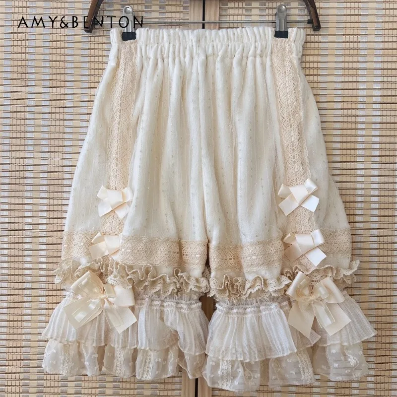 Japanese Original Design Lolita Bow Women's Pumpkin Pants Autumn New Sweet Cute Lace Hollow out Coral Fleece Leggings ladies